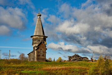 Saminsky Pogost. Russia. October 05, 2018. The ancient wooden Orthodox Church of Elijah the Prophet on the bank of the Samina River in a picturesque place of the Vologda region.