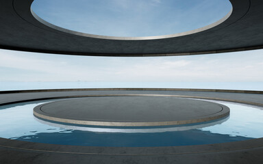 Wall Mural - Round concrete podium empty floor with pool. 3d rendering of abstract exterior space with sea and blue sky background.