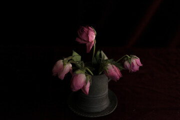 Wall Mural - Pink Dried Rose Buds in A Pewter Tankard