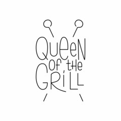 Wall Mural - Barbecue tools with handwritten lettering sign Queen of the grill. Editable stroke. Vector stock illustration isolated on white background for design packaging, logo, party, menu in restaurant. 