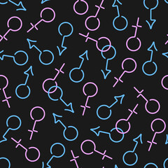 Pink and blue male and female symbols on black background seamless pattern. Minimalistic trendy contemporary design. Best for textile, wallpapers, wrapping paper, package and festive decoration.