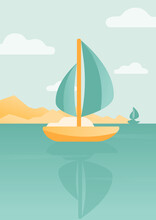 Summer Postcard. Illustration Of The Sailboat In The Sea.