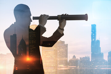 Wall Mural - Business development and personal growth concept with businessman silhouette looking through a spyglass at city skyline background on sunset, double exposure