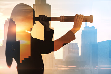 Poster - Looking for profitable business in the future and personal growth concept with young woman silhouette with spyglass on megapolis city background on sunset, double exposure