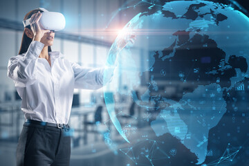 Aufkleber - Cyberspace, metaverse and virtual reality concept with handsome young woman in VR headset projected virtual reality hologram with world map globe on abstract office background