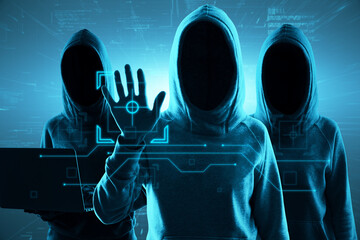 Leinwandbilder - Hacking attack and internet security concept with faceless hackers in hoody using laptop and touching virtual screen with identification button on blue background