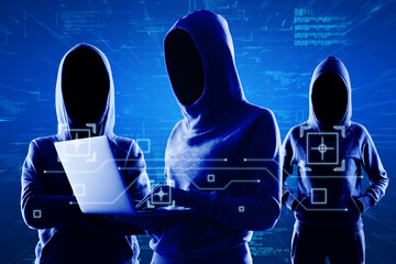 Leinwandbilder - Cyber protection and internet system hacking concept with blue shadows faceless hackers in hoody using laptop and abstract virtual technological symbols