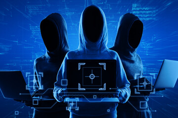 Wall Mural - Internet security and personal data theft concept with blue shadows faceless hackers in hoody using laptop and abstract virtual technological symbols