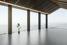 Side View On Viewpoint In Opened Modern Empty Terrace High Above The City With Dark Concrete Columns, Wooden Roof And Green Plants In Pots On Sides On Grey Floor. 3D Rendering, Mock Up