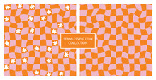 Trippy Orange Grid In 70s Hippie Style. Swirl Chess Board Seamless Pattern. Set Of Two Retro Background. Illustration With White Daisy Flowers.