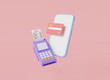 © Nostagrams - Mobile payment with Pos terminal, receipt and credit card.online shopping, electronic bill payment, transactions online, online payment concept.3d icon render illustration on pastel pink background