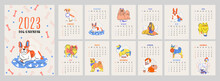 Dog Vector Calendar 2023. Isolated On Beige Background. Collection With 12 Dog Breeds. Bright Colorful Cover And 12 Months Pages With Seasonal Vector Illustrations. Week Starts On Sunday