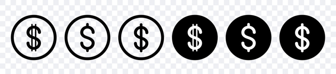 Dollar sign. Set of black dollar icons. Vector clip art isolated on white background.