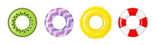 Set Of Swimming Rings For Summer Party. Inflatable Rubber Toy Colorful Collection. Kiwi, Waves. Top View Swimming Circle For Ocean, Sea, Pool. Lifebyou Swimming Rings. Summer Vacation Or Trip Safety