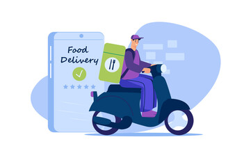 Aufkleber - Food delivery web concept in flat design. Courier carries food or lunch in bag and rides scooter to client's home. App for ordering delivery from restaurant and online tracking. Vector illustration