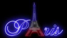 Animation Of The Word Paris With The Eiffel Tower Inside It. The Illuminated Tower Turns Off And On Again With The Colors Of The French Flag. Symbol Of France.travel France