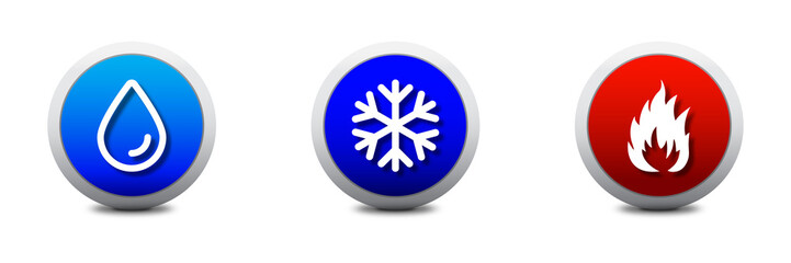 Water, fire, and snowflake icons. Hot and cold symbols.     Warmth and cold. Freezing snow and fire icon  Flat vector illustration.