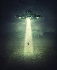 mysterious alien spaceship abduction scene. surreal concept with a levitating human stolen by the li