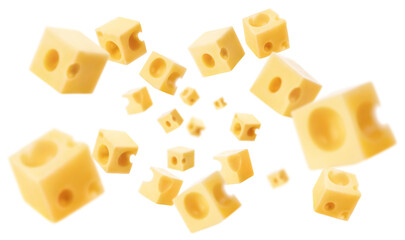 Wall Mural - Flying cheese cubes, isolated on white background