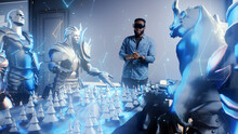 Afro American Gamer Puts On Vr Goggles And Emotionally Discusses With Holographic Avatars Of Teammates Gaming Tournament In Meta Universe Cyberspace