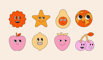 Poster - Vector illustration in simple linear style - design templates - hippie, happy and groovy smiley characters
