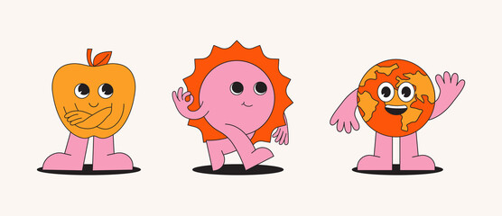 Aufkleber - Vector illustration in simple linear style - design templates - hippie, happy and groovy smiley characters