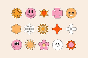 Poster - Vector illustration in simple linear style - design templates - hippie, happy and groovy smiley characters