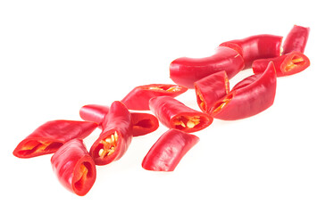 Wall Mural - Red chili pepper slices isolated on a white background, front view.