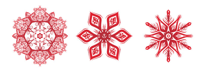 Snowflake set silhouette icon or emblem. Red on white background. Vector holiday illustration for greeting card, decoration, sign, banner, Christmas accessories. Vintage style