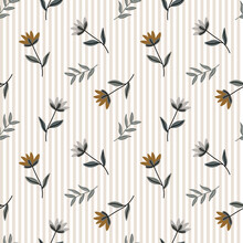 Seamless Pattern, Small Gray And Brown Flowers With Leaves On A Delicate Striped Background. Print, Textile, Background, Wallpaper.