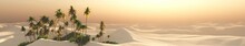 Oasis At Sunset In A Sandy Desert, A Panorama Of The Desert With Palm Trees,
3d Rendering