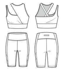 Girl's Sport Bra and Cycling shorts fashion flat  sketch template. Women's Active wear Crop top and Leggings technical fashion illustration, front and back view, white. Fashion cad template.