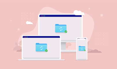 Fototapete - File sharing between devices - Laptop, desktop computer and smartphone synching files and folder. Vector illustration