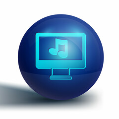 Poster - Blue Computer with music note symbol on screen icon isolated on white background. Blue circle button. Vector