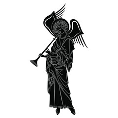 Winged angel playing the trumpet. Medieval Christian symbol. Black and white negative silhouette.