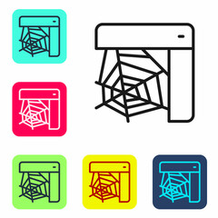 Poster - Black line Spider web icon isolated on white background. Cobweb sign. Happy Halloween party. Set icons in color square buttons. Vector