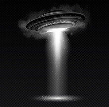 Realistic Silver UFO. Beam Of Light For Kidnapping People In Space, Galaxy And Universe. Innovation And Futuristic Pictures. Imagination And Fantasy, Mysticism. Isometric Vector Illustration