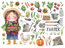 Watercolor Illustration Of Farmer Girl, Farmer's Tools, Vegetables, Fruits, Organic Farm Products. Collection Of Character And Items In Cartoon Style. Agriculture, Harvest, Groceries.