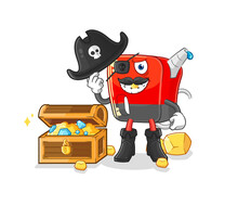 Gasoline Pump Pirate With Treasure Mascot. Cartoon Vector