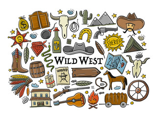 Wall Mural - Wild Western. Adventure Background. Icons collection for your design