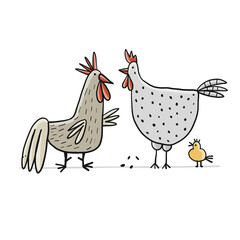Poster - Funny Family - Chicken and Rooster characters with chick. Art isolated on white for your design
