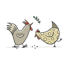 Poster - Funny Family - Chicken and Rooster characters. Art isolated on white for your design