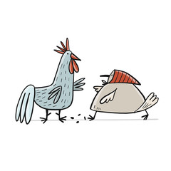 Poster - Funny Family - Chicken and Rooster characters. Art isolated on white for your design