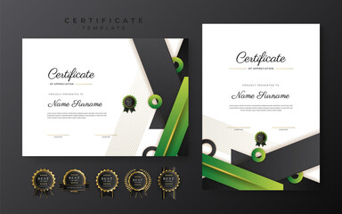 Green and black certificate of achievement template with gold badge and border