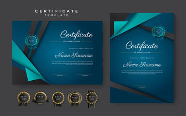 Wall Mural - Blue certificate of achievement template with gold badge and border
