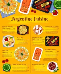 Sticker - Argentine food and Argentina cuisine dishes menu, vector restaurant lunch, dinner poster. Traditional Argentinian bbq meals, empanadas and chimichurri, barbecue grill meat sausages and chicken tamale