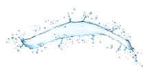 Blue Water Wave And Flow With Drops, Isolated Water Swirl. Realistic Transparent Splash, 3D Vector Liquid Splashing, Aqua Dynamic Motion With Spray Droplets, Fresh Drink And Beverage