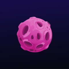 Poster - Purple space planet with holes and craters. Galaxy vector globe, violet sphere in universe. Ui game object, astronomy science or comet, isolated meteor, fantasy moon or alien world in dark sky
