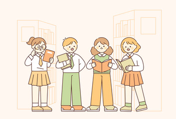 Wall Mural - Students in school uniforms are in the library. Each is standing with a book. flat design style vector illustration.