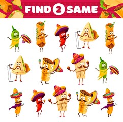 Poster - Cartoon funny mexican food characters, find two same tex mex personages. Vector jalapeno, burrito, enchiladas, chilli pepper, tamales and chimichanga or churros mariachi artists educational riddle
